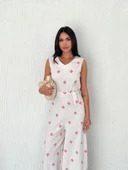 Sırt dekolteli keten beyaz tulum S1036 - 3