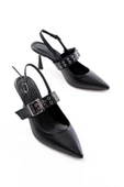 Siyah Günlük Arkası Açık Baret Tokalı Topuklu Bayan Ayakkabı thumbnail 3