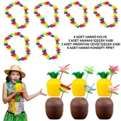 Tropikal Hawaii Parti Malzemeleri - Kolye, Pipet, Bardak Seti - 1