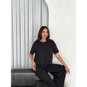Lucky Life Lucky Life Kadın Yumuşak Dokulu Kumaş Bisiklet Yaka T-shirt Bol Paça Pantalon Ikili Takım -Siyah - 4