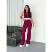 Lucky Life Lucky Life Kadın Yumuşak Dokulu Kumaş Tam Fermuarlı Lucky Life Kadın Crop Pantalon İkili Takım - Bordo - 3