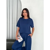 Lucky Life Lucky Life Kadın Yumuşak Dokulu Kumaş Bisiklet Yaka T-shirt Bol Paça Pantalon Ikili Takım -Saks Mavi - 2