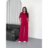 Lucky Life Lucky Life Kadın Yumuşak Dokulu Kumaş Bisiklet Yaka T-shirt Bol Paça Pantalon Ikili Takım -Bordo - 4