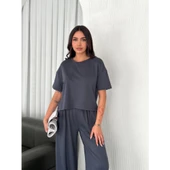 Lucky Life Lucky Life Kadın Modal Yumuşak Dokulu Kumaş Bisiklet Yaka T-shirt Bol Paça Pantalon Ikili Takım -Antrasit - 4