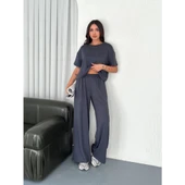 Lucky Life Lucky Life Kadın Modal Yumuşak Dokulu Kumaş Bisiklet Yaka T-shirt Bol Paça Pantalon Ikili Takım -Antrasit - 2
