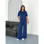 Lucky Life Lucky Life Kadın Yumuşak Dokulu Kumaş Bisiklet Yaka T-shirt Bol Paça Pantalon Ikili Takım -Saks Mavi - 4