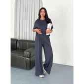 Lucky Life Lucky Life Kadın Modal Yumuşak Dokulu Kumaş Bisiklet Yaka T-shirt Bol Paça Pantalon Ikili Takım -Antrasit - 1