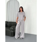 Lucky Life Lucky Life Kadın Yumuşak Dokulu Kumaş Bisiklet Yaka T-shirt Bol Paça Pantalon Ikili Takım - Boyalı Gri - 4