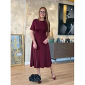 Lucky Life Kadın Kısa Kollu Bisiklet Yaka Midi Viskon Iki Iplik Elbise - 1