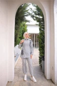 Fermuarlı Çizgi ve Çiçek Desenli İkili Tesettür Kap Spor Takımı - (38-46) - 71269 - Siyah - 5