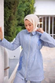 Fermuarlı Çizgi ve Çiçek Desenli İkili Tesettür Kap Spor Takımı - (38-46) - 71269 - Mavi - 4