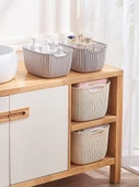 Plastik Rattan Desenli Banyo Sepeti - Açık Gri - Büyük Boy Set (2 Adet) - 4