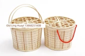 Yuvarlak Bambu Sepet - Beyaz Sepet, Yeşil Yumuşak Saplı, Kapaklı - 8
