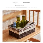 Japon Tarzı Kağıt İp Saklama Sepeti - Kahverengi Papatya Desenli 30x20x15cm - 8