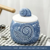 Nordik Seramik Deniz Temalı Kapaklı Saklama Kavanozu - Kabartmalı Deniz Kabuğu (Büyük) - 1
