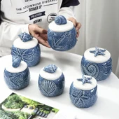 Nordik Seramik Deniz Temalı Kapaklı Saklama Kavanozu - Kabartmalı Deniz Kabuğu (Büyük) - 2