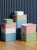 Rattan Desenli Plastik Saklama Sepeti - Beyaz - Orta Boy - Kapaklı - 2