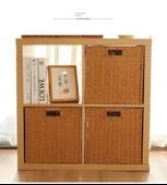 Katlanabilir Hasır Saklama Kutusu - Deve Tüyü Kurdele Detaylı - 41x30x29 cm - 8