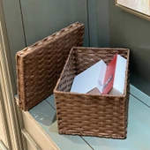 Japon Stili Rattan Saklama Kutusu - Küçük Boy Koyu Kahverengi Kapaklı - 4
