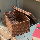 Japon Stili Rattan Saklama Kutusu - Küçük Boy Koyu Kahverengi Kapaklı - 2