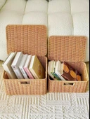 Kapaklı Rattan Görünümlü Saklama Sepeti - 35x27x22 - Sütlü Kahve - 2