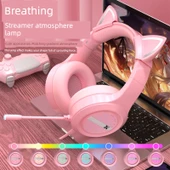 Pembe Kedi Kulaklı Gaming Kulaklık - RGB Işıklı Üç Girişli - 5
