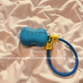 Apple AirPods (Yeni 3. Nesil) için Komik Mavi Sabun Silikon Kılıf - Mavi Sabun + Mavi Gülen Yüz Bilek İpi - 1