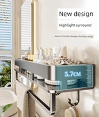 Deliksiz Duvara Monte Banyo Rafı - Çift Katmanlı Bambu Desenli Raf 30 cm Kancalı ve Çubuklu (Gri) - 8