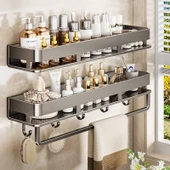Deliksiz Duvara Monte Banyo Rafı - Çift Katmanlı Bambu Desenli Raf 30 cm Kancalı ve Çubuklu (Gri) - 2