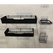 Deliksiz Duvara Monte Banyo Köşe Rafı - Üç Parça Set [Siyah] - 5