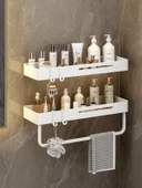 Duvara Monte Banyo Rafı - Alüminyum - Beyaz 60cm - Çift Katlı - Havluluklu - 2