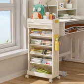 Hareketli Çok Katlı Kitaplık Rafı - Krem Beyaz - 3 Katlı - Tekerlekli - 4