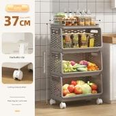 Mutfak Sebze Meyve Saklama Sepeti - 37 cm - Gri - 3 Katlı - Tepsili ve Tekerlekli - 1