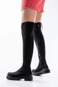 Siyah Süet Fermuarlı Diz Üstü Bağcıklı Çorap Günlük Kadın Çizme - 4
