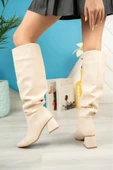 Bej Körüklü Kalın Topuklu Günlük Kadın Çizme - 2