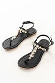 Siyah Gümüş Taşlı Parmak Arası Kadın Sandalet - 5