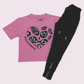 Paça Fermuarlı Kalp Desenli Pembe Renk Kız Takım - 2