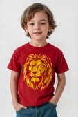 Kırmızı Çocuk Tişört Aslan Kafası Sarı Kırmızı Yeleli Lion Head Aslan Baskılı T-shirt - 1