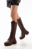 Kahverengi Yüksek Tabanlı Bağcıklı Fermuarlı Günlük Kadın Çizme - 1