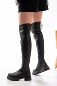 Siyah Streç Diz Üstü Fermuarlı Günlük Kadın Çizme - 3