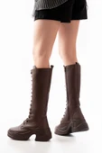 Kahverengi Yüksek Tabanlı Bağcıklı Fermuarlı Günlük Kadın Çizme - 4