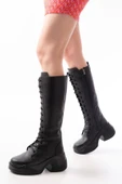 Siyah Yüksek Tabanlı Bağcıklı Fermuarlı Günlük Kadın Çizme thumbnail 2