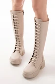 Bej Yüksek Tabanlı Bağcıklı Fermuarlı Günlük Kadın Çizme - 2