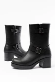 Siyah Toka Aksesuarlı Fermuarlı Kalın Topuklu Günlük Kadın Bot - 4