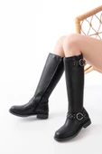 Siyah Toka Aksesuarlı Lastikli Fermuarlı Günlük Kadın Çizme - 3