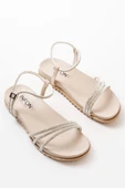 Bej Gümüş Taşlı Günlük Kadın Sandalet - 3