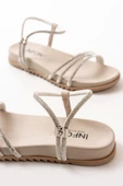 Bej Gümüş Taşlı Günlük Kadın Sandalet - 4