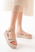 861-1016 Bej Dolgu Kadın Sandalet - 5