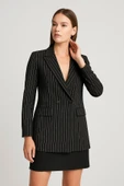 Kadın Çizgili Kruvaze Ceket Siyah - 1