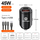 Volkswagen Gizli Araç Şarj Cihazı - 45W Mini Alaşım Siyah + Üçü Bir Arada Data Kablosu - 1